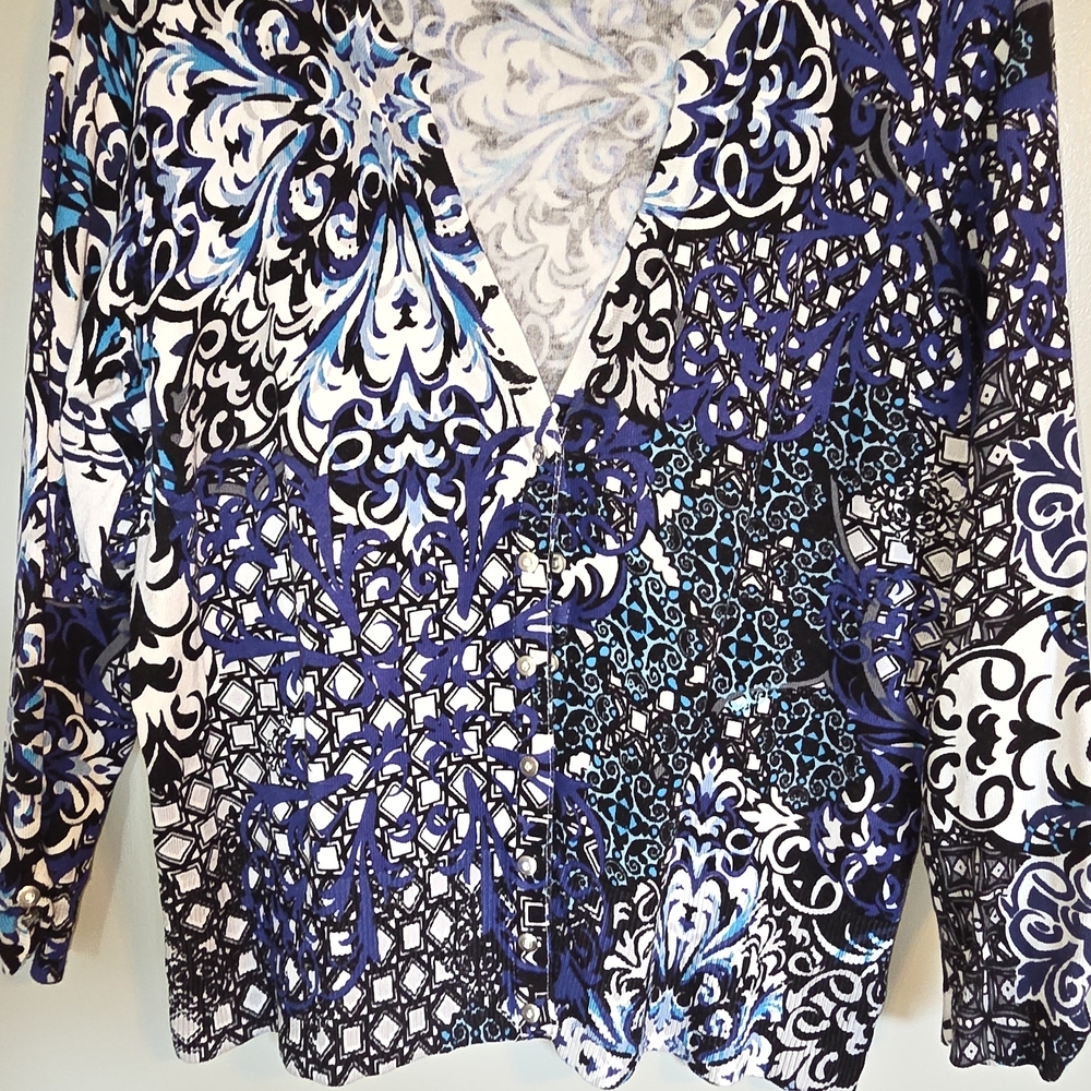 White House Black Market Blue and Black Patterned Blouse